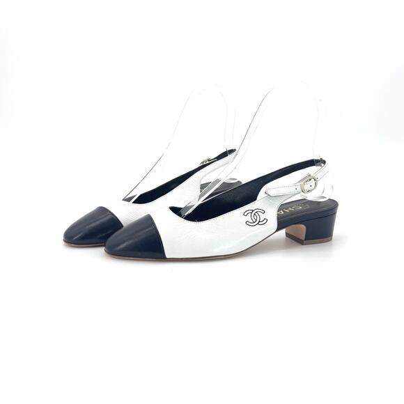 CHANEL Shoes - NEW Chanel Calfskin CC Logo Cap Toe White Dark Navy Slingback Low Heel Pumps 36
